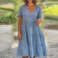 Leinen V-Ausschnitt Midikleid für Damen in Blau