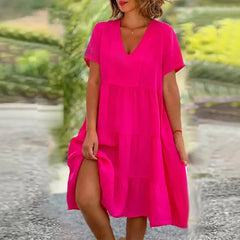 Leinen V-Ausschnitt Midikleid für Damen in Rosa