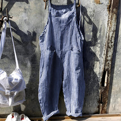 Marike | Damen Gestreifte Weite Latzhose mit Taschen in Blau