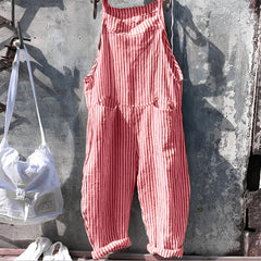 Marike | Damen Gestreifte Weite Latzhose mit Taschen in Rot