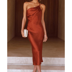 Marlene | Damen One-Shoulder Satin Abendkleid in Braun