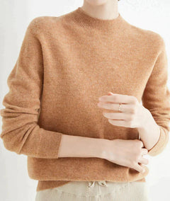 Marlene | Damen Weicher Stehkragen Kashmirpullover in Hellbraun