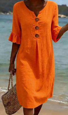 Marlene | Midikleid mit Holzknöpfen und Rüschenärmeln in Orange