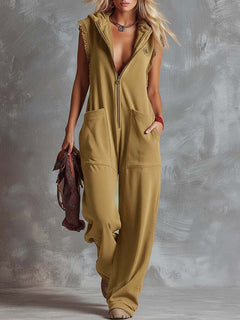 Marlinka | Damen Kapuzen Jumpsuit mit Reißverschluss in Khaki