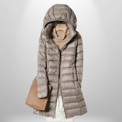 Martina | Damen Gesteppte Lange Kapuze Daunenjacke in Khaki