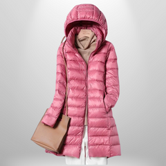 Martina | Damen Gesteppte Lange Kapuze Daunenjacke in Rosa