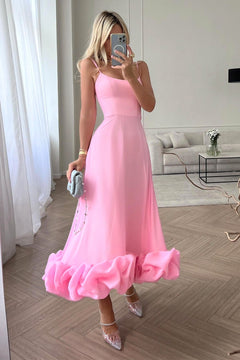 Mathilda | Zartes Spaghettiträger Rüschen Kleid in Rosa