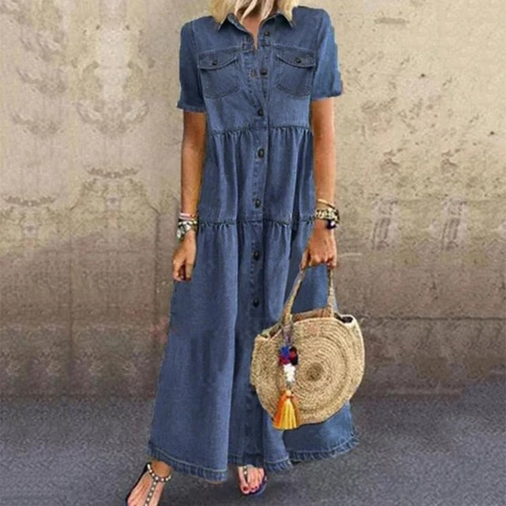 Damen Sommer-Maxi Kleid mit Knöpfen und Kurzen Ärmeln