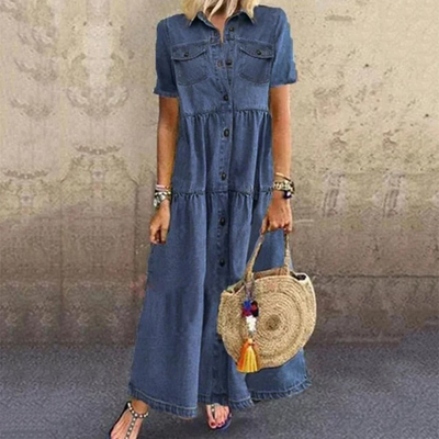 Damen Sommer-Maxi Kleid mit Knöpfen und Kurzen Ärmeln
