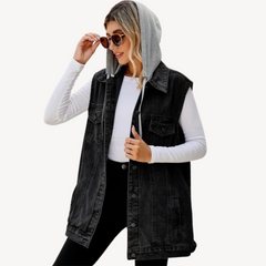 Maya | Lässige Jeansweste mit Kapuze in Schwarz