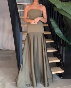 Anastasie | Sexy Luxus Patchwork Trägerloses Maxikleid in Armeegrün