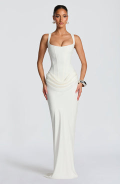 Mia | Damen Formelles Drapiertes Maxi Abendkleid in Weiß