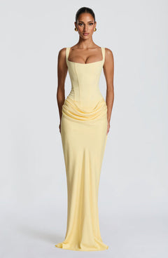 Mia | Damen Formelles Drapiertes Maxi Abendkleid in Gelb