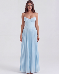Mila | Damen Elegantes Plissiertes Trägerloses Maxikleid in Blau