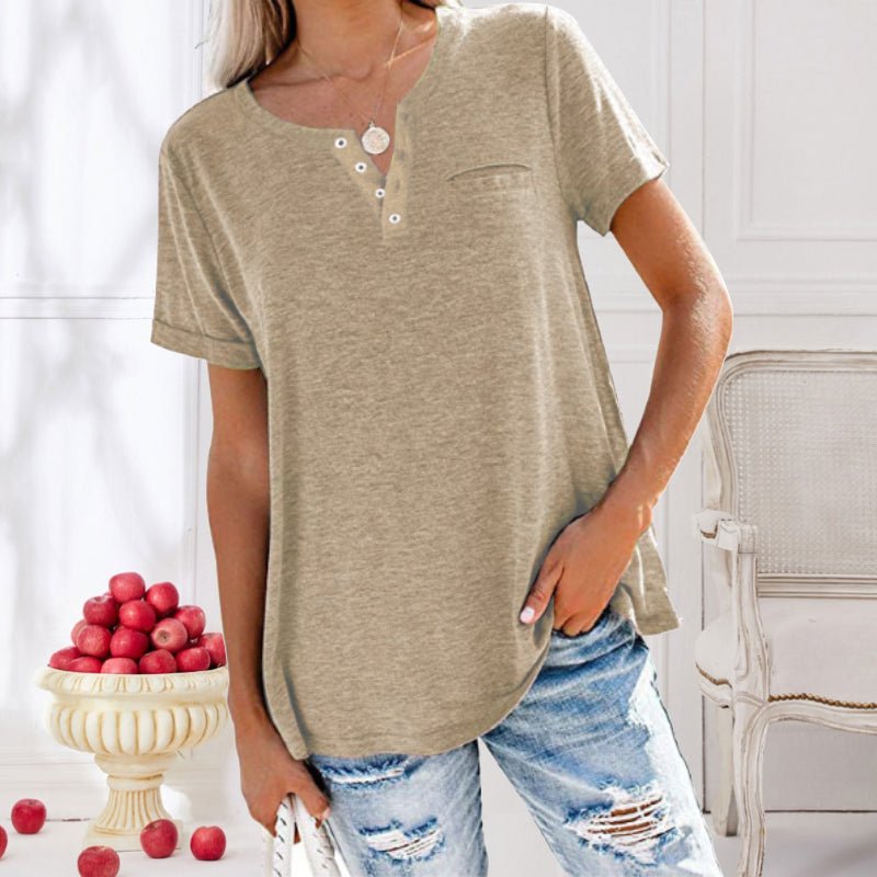 Kurzarm Knöpfen T-Shirt mit Tasche für Damen