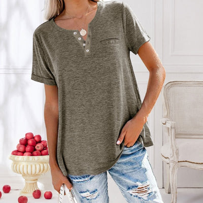 Kurzarm Knöpfen T-Shirt mit Tasche für Damen