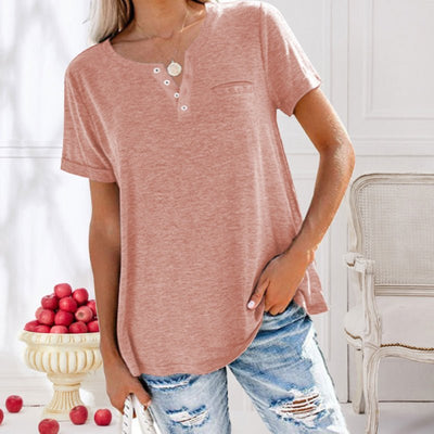 Kurzarm Knöpfen T-Shirt mit Tasche für Damen