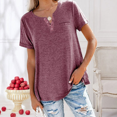 Kurzarm Knöpfen T-Shirt mit Tasche für Damen