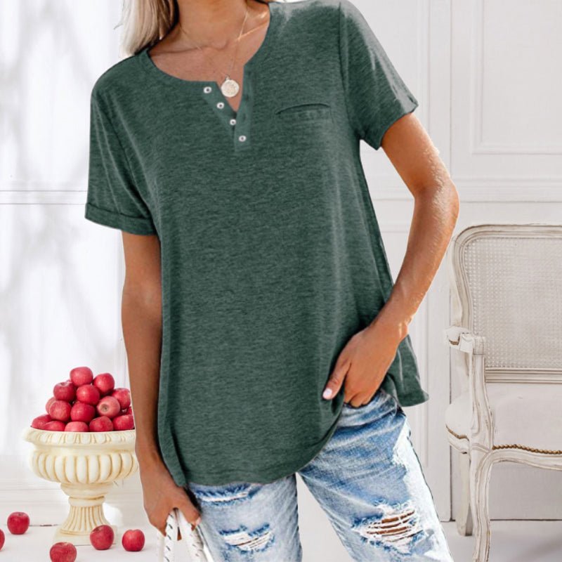Kurzarm Knöpfen T-Shirt mit Tasche für Damen