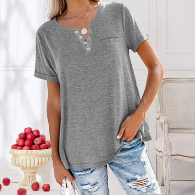 Kurzarm Knöpfen T-Shirt mit Tasche für Damen