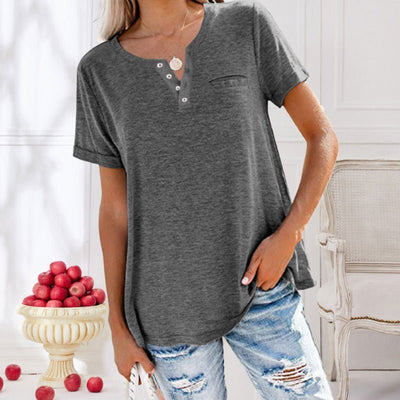 Kurzarm Knöpfen T-Shirt mit Tasche für Damen