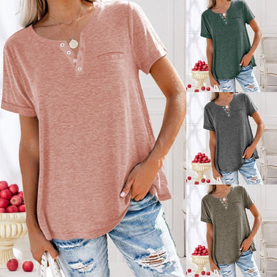 Kurzarm Knöpfen T-Shirt mit Tasche für Damen