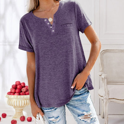 Kurzarm Knöpfen T-Shirt mit Tasche für Damen