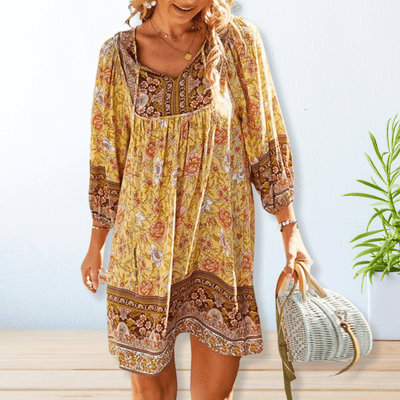 Boho-Langarm V-Ausschnitt Kleid für Damen