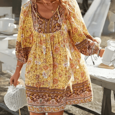 Boho-Langarm V-Ausschnitt Kleid für Damen