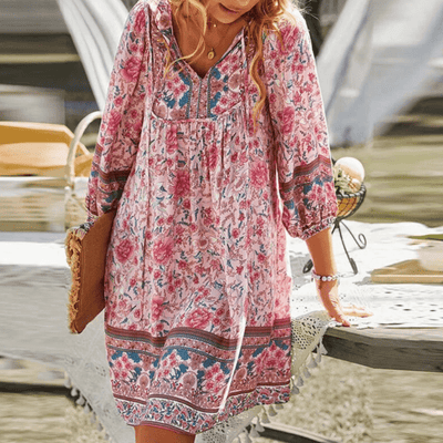 Boho-Langarm V-Ausschnitt Kleid für Damen