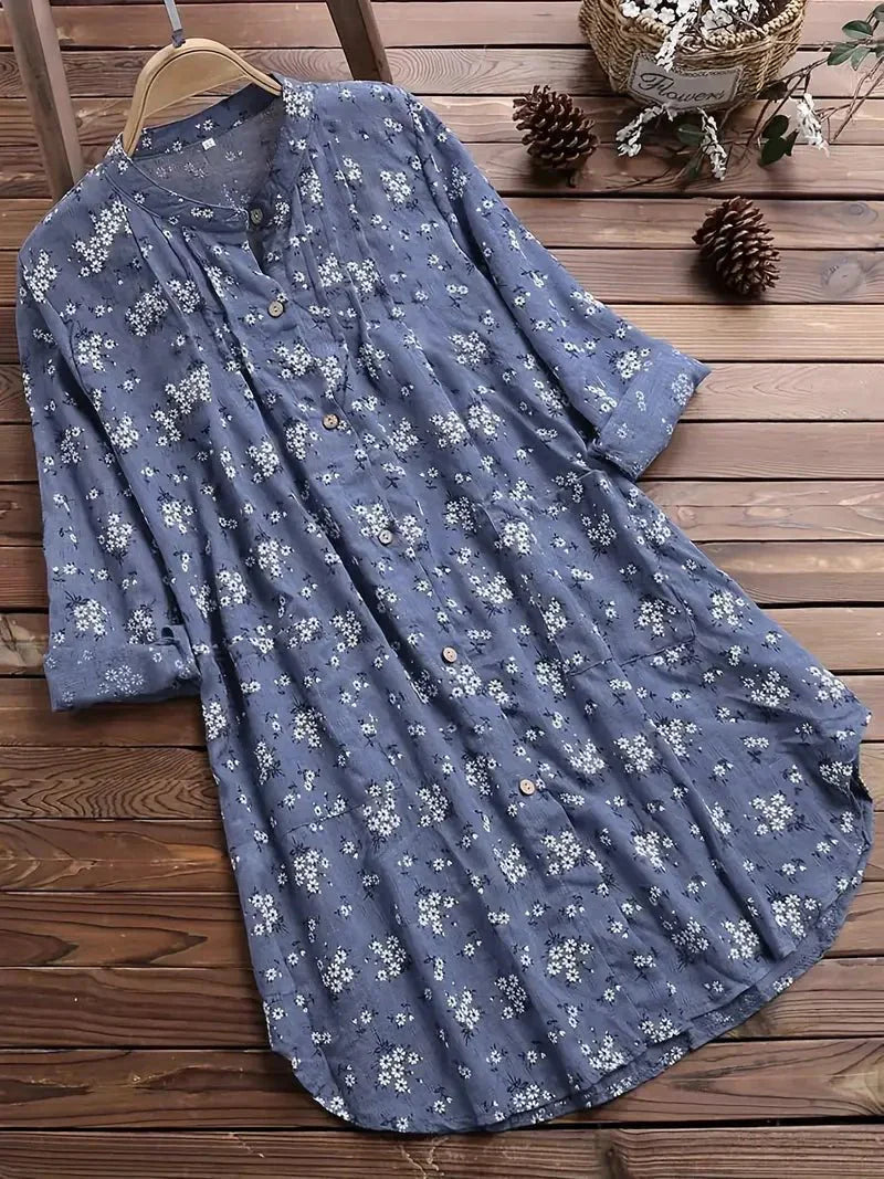 Geblümtes Kleid mit Umgeschlagenen Ärmeln für Damen
