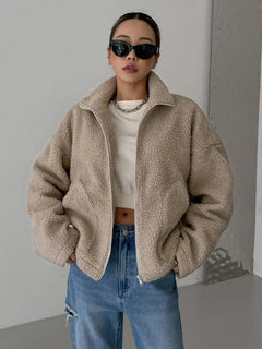 Nadine | Damen Oversized Reißverschluss Teddyjacke in Braun