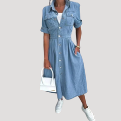Nadja | Damen Kurzarm Jeanskleid Midi Hemdblusenkleid in Hellblau