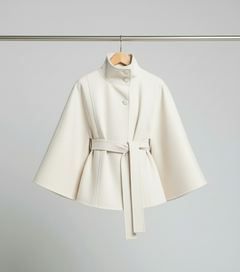 Ella | Modischer Damen Cape-Mantel mit Gürtelakzent in Weiß