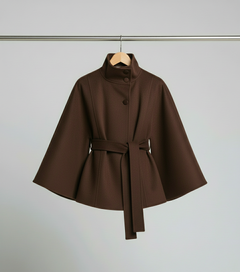 Ella | Modischer Damen Cape-Mantel mit Gürtelakzent in Kaffee