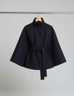 Ella | Modischer Damen Cape-Mantel mit Gürtelakzent in Marineblau