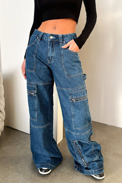 Nele | Weite Cargo-Jeans mit hoher Taille in Dunkelblau