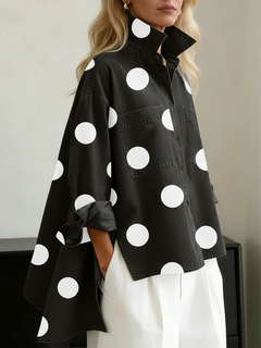 Nicolette | Damen Polka Dot Stehkragen Langarm Bluse in Schwarz