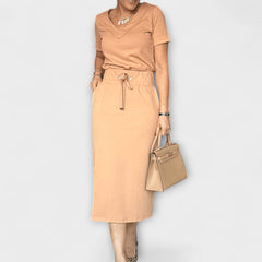 Danielle - Elegantes V-Ausschnitt-Top mit passendem Rock in Khaki