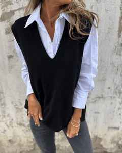 Violaine – Gestrickte ärmellose Strickjacke in Schwarz