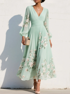 Ondine | Damen Blumenkleid Midikleid Langarm in Grün