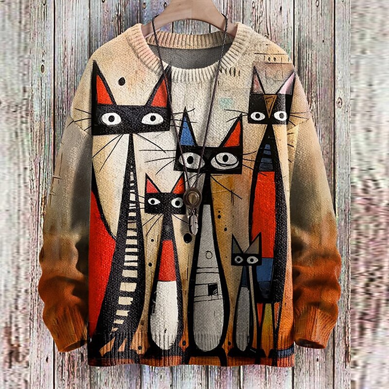 Strickpullover mit Katzenmuster für Frauen