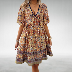 Ottilia | Damen Boho V-Ausschnitt Minikleid in Gelb