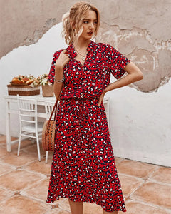 Kurzarm Print Midikleid mit Kordelzug für Damen in Rot