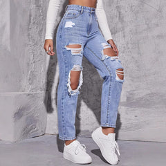 Paula | Damen Hochgeschnittene Destroyed Jeans in Blau