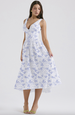 Elodie | Drapiert Hochzeitsgastkleid in Blau Blumenmuster
