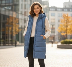 Petra | Damen Ärmellose Lange Kapuze Daunenjacke in Blau