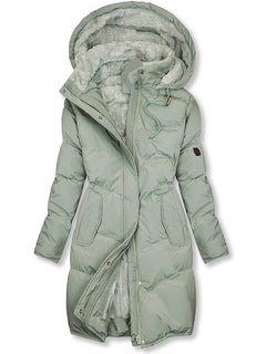 Winterjacke Damen Gefüttert Mit Kapuze | Lang Mit Reißverschluss und Knöpfen in Grün