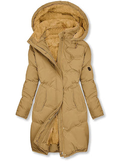 Winterjacke Damen Gefüttert Mit Kapuze | Lang Mit Reißverschluss und Knöpfen in Khaki