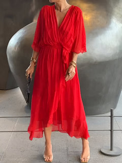 Claire | Midi-Kleid mit Taillengürtel in Rot